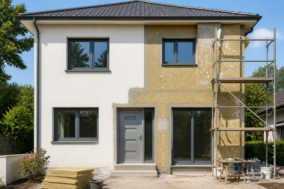 Galop Ravalement rénovant une façade résidentielle avec isolation thermique extérieure et échafaudage discret