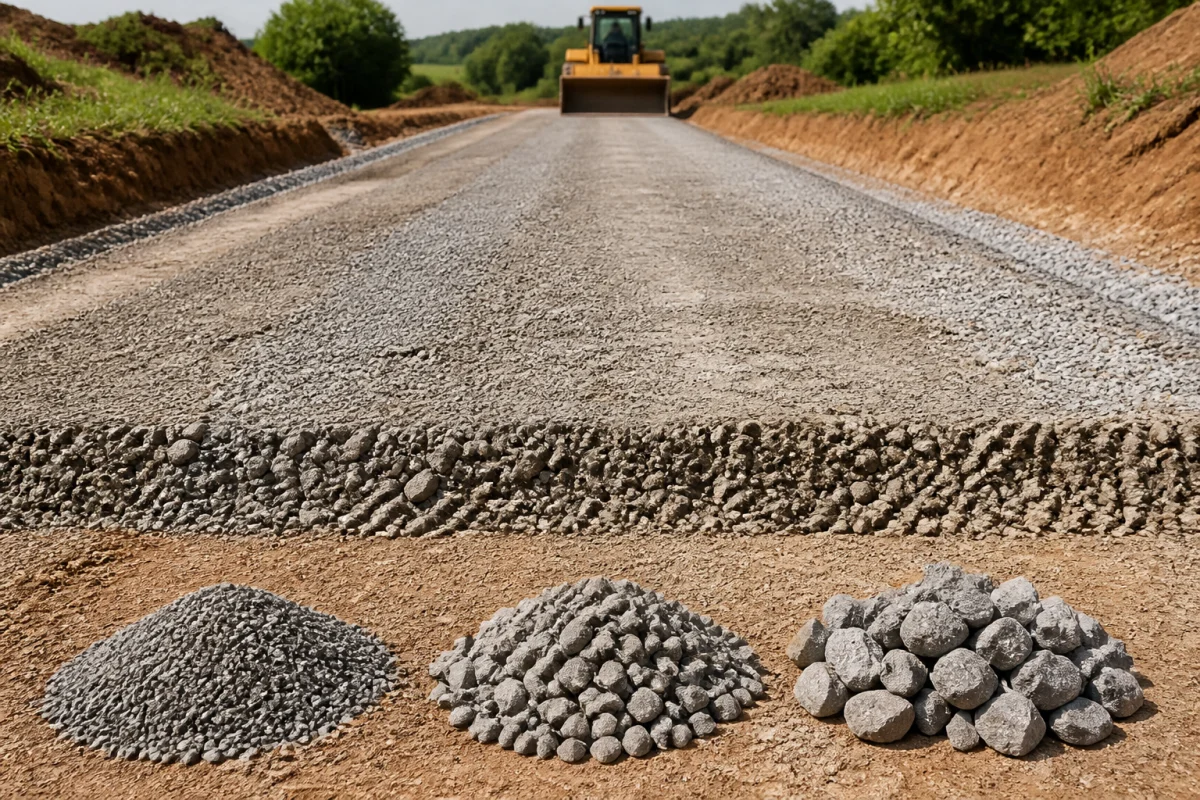 Gravier pour allée de chantier durable, granulats concassés 0/31,5, 0/63 et 20/40 sur plateforme rurale compactée
