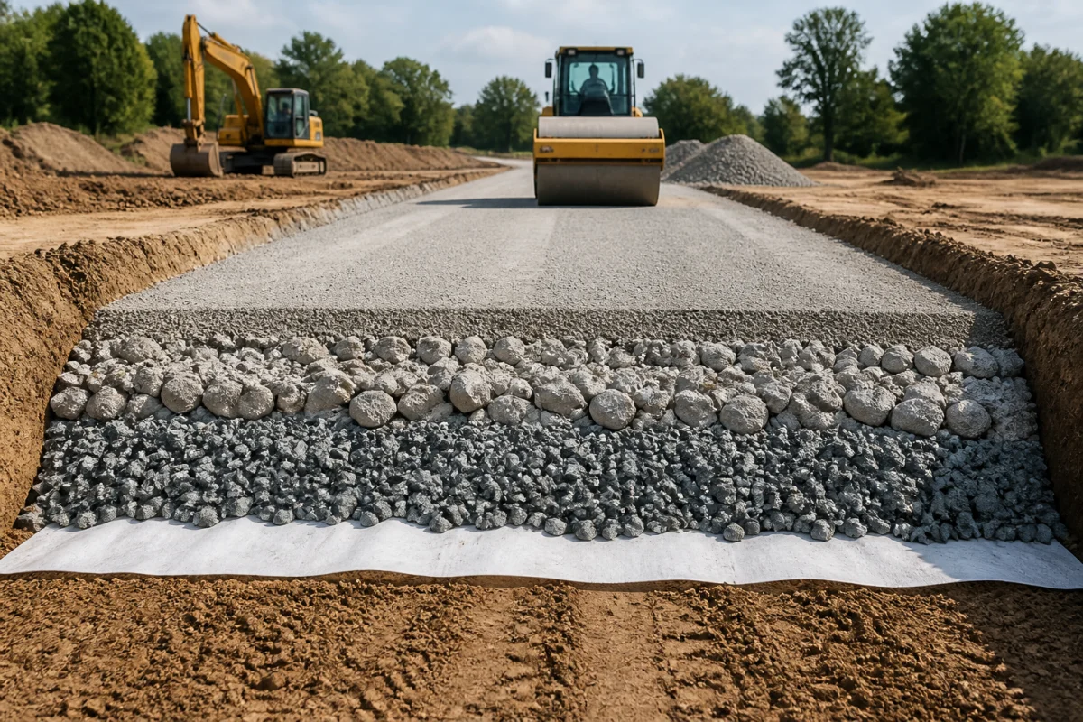 Allée de chantier durable en coupe, montrant géotextile et couches de gravier compacté pour véhicules lourds