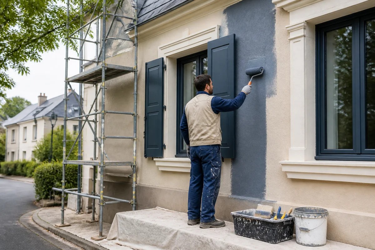 Hamon Peinture rénove une façade résidentielle à Angers avec un artisan peintre et un échafaudage sécurisé