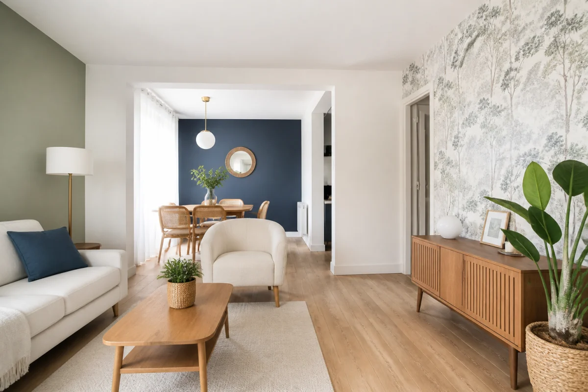 Intérieur contemporain rénové à Angers par Hamon Peinture, avec murs élégants, sol neuf, mobilier sobre et lumière naturelle