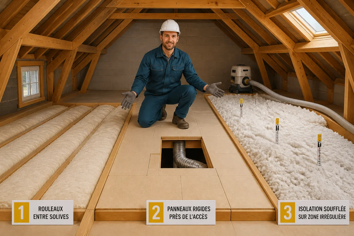 Professionnel présentant trois méthodes d’isolation des combles perdus : rouleaux, panneaux rigides et isolation soufflée