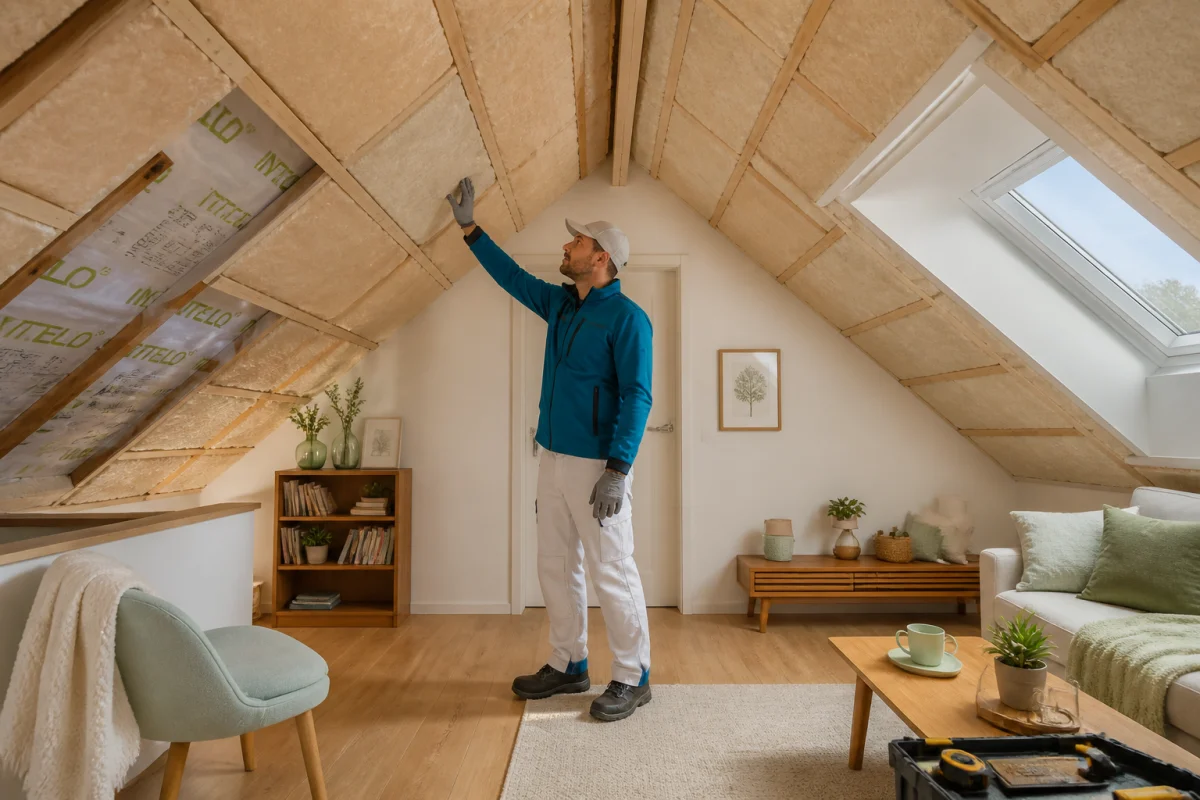 Professionnel vérifiant l’isolation thermique des combles aménagés sous une toiture, avec isolant visible entre les chevrons