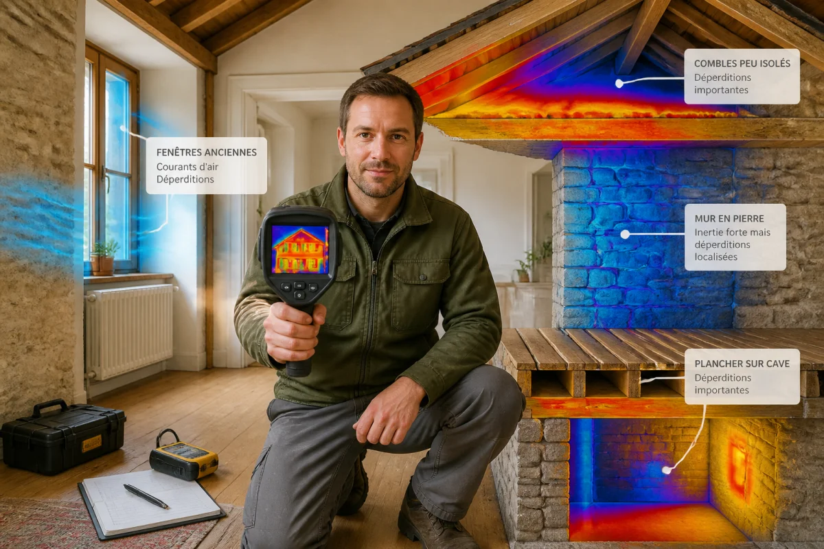 Professionnel inspectant les déperditions de chaleur d’une maison ancienne avec une caméra thermique pour améliorer l’isolation thermique maison