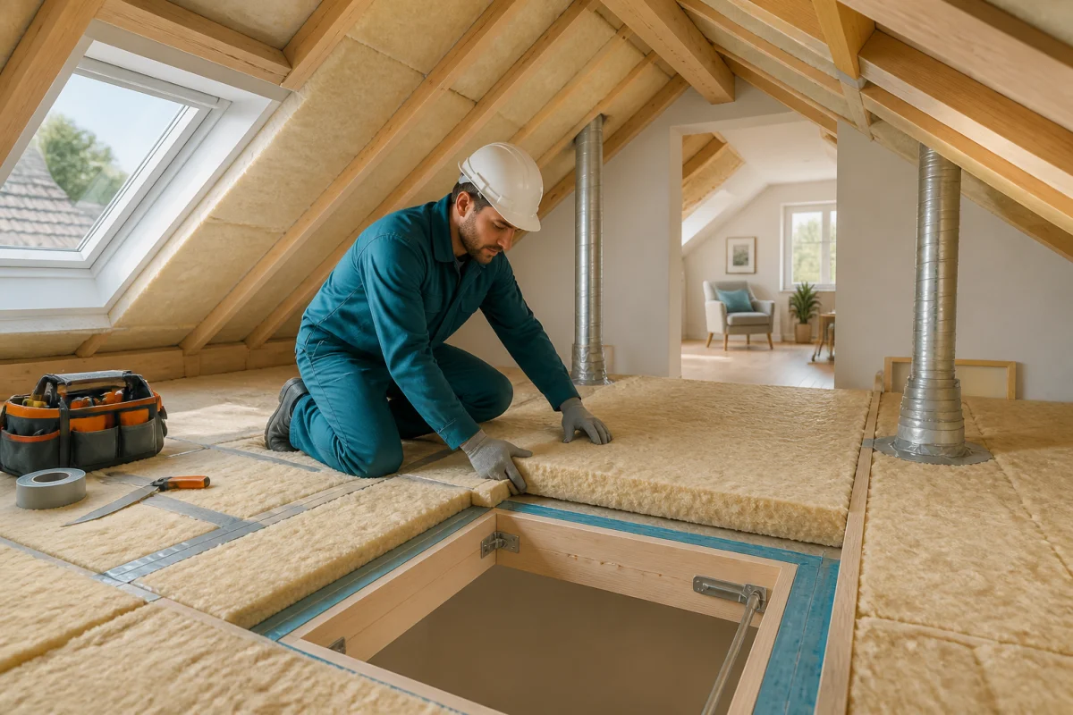 Artisan posant une isolation thermique continue dans les combles aménagés d’une maison, autour de la trappe et des conduits