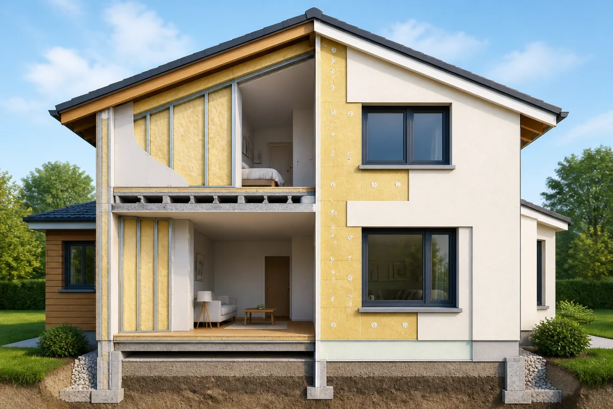Maison en coupe comparant l’isolation thermique intérieure et extérieure, avec panneaux isolants visibles et détails architecturaux réalistes