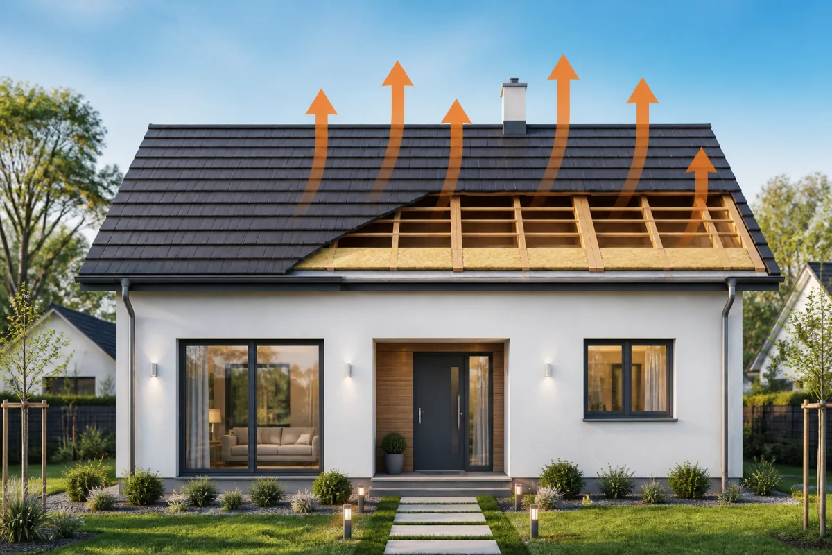Maison neuve avec toiture isolée, coupe visible et flux thermiques illustrant l’isolation thermique d’une maison neuve
