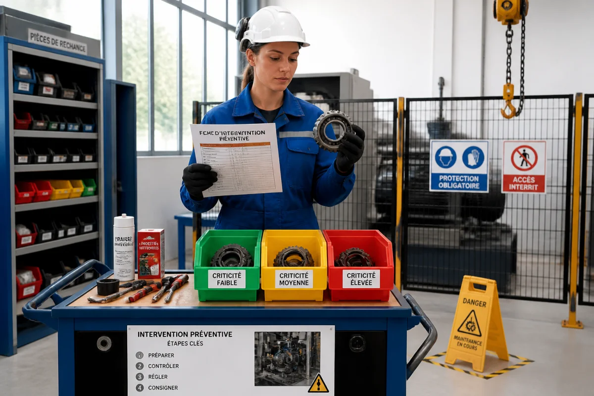 Technicienne préparant une intervention de maintenance industrielle préventive avec fiche standardisée et pièce de rechange identifiée en atelier sécurisé