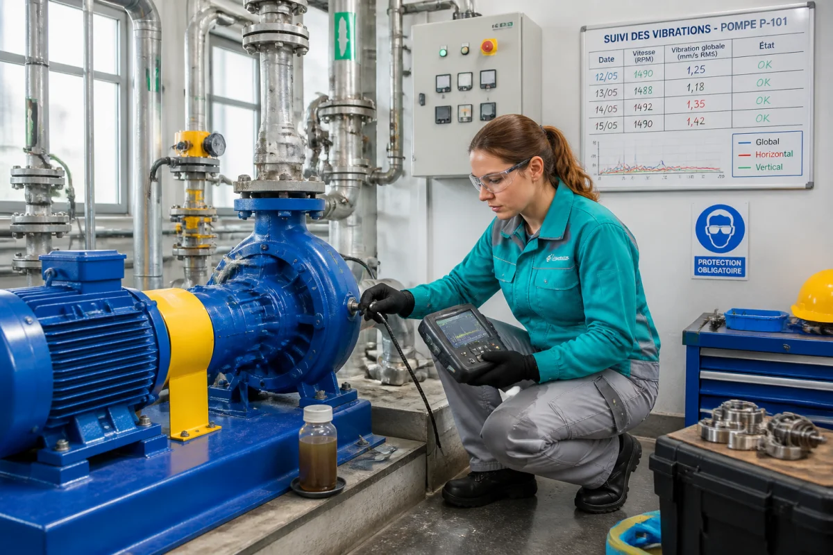 Technicienne inspectant une pompe industrielle avec analyseur de vibrations pour assurer la maintenance industrielle préventive