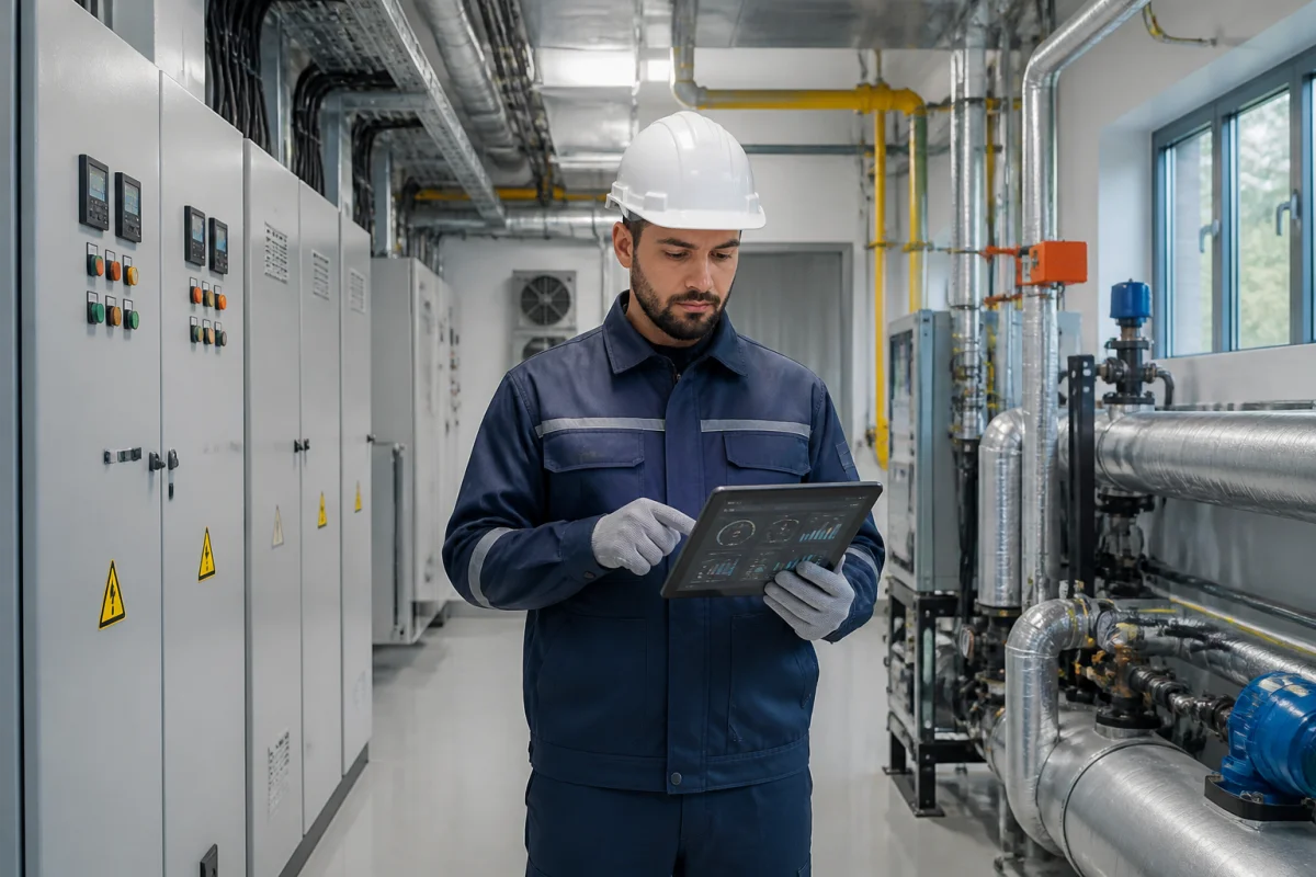 Technicien inspectant une installation énergétique moderne avec tablette, illustrant l’expertise de Mb Energie Mulhouse