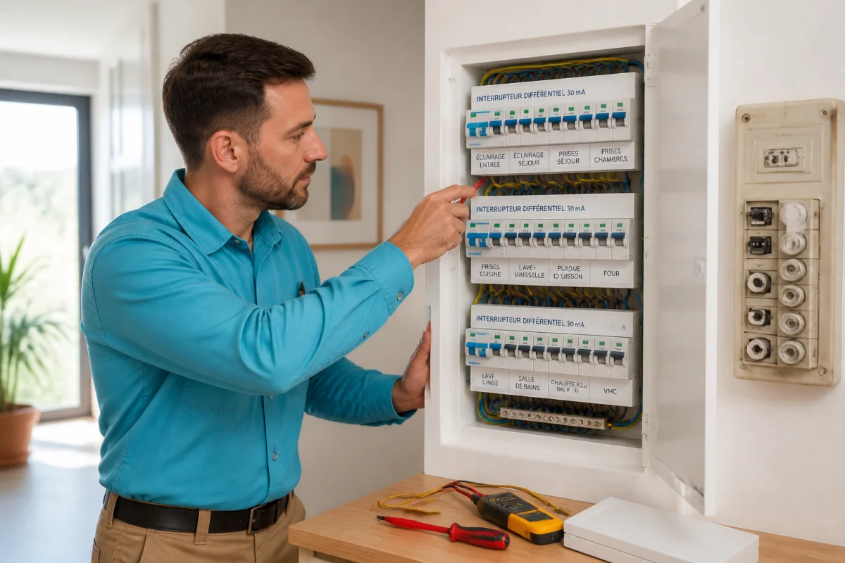 Électricien vérifiant la mise aux normes électriques d’un logement avec tableau moderne, disjoncteurs et protections différentielles