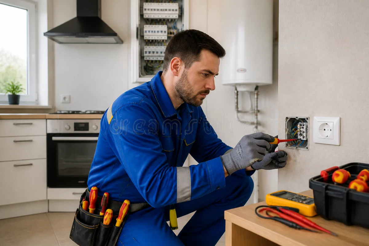 Électricien contrôlant une prise et des câbles dans une cuisine, illustrant la mise aux normes électriques d’un logement sécurisé