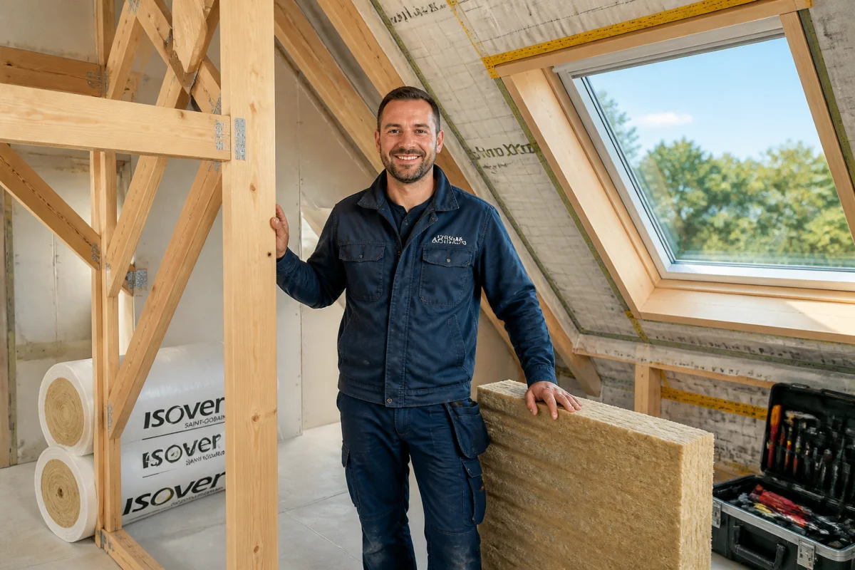 Artisan couvreur Nantes Toiture présentant charpente, isolation et fenêtre de toit dans des combles rénovés en Loire-Atlantique
