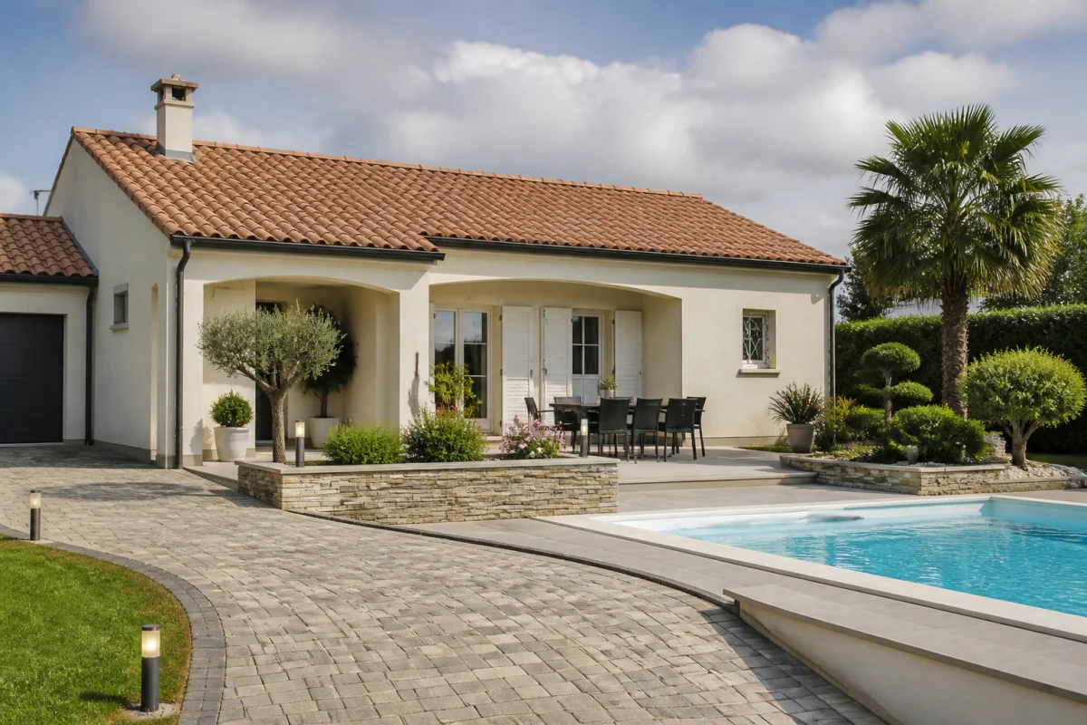 Maison rénovée avec toiture en tuiles, piscine, terrasse et jardin entretenu en Loire-Atlantique par Nantes Toiture
