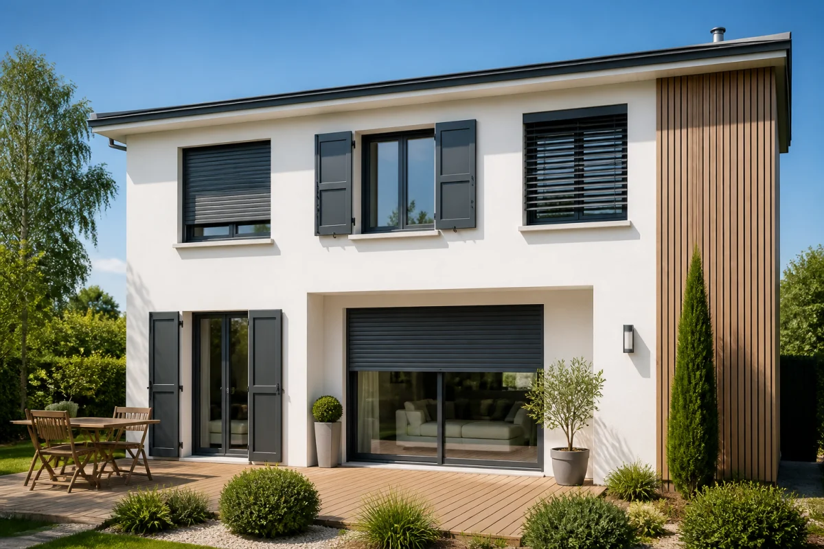 Façade contemporaine Norta Schuco Fenetres avec fenêtres performantes, volets roulants, volets battants et stores réglables.