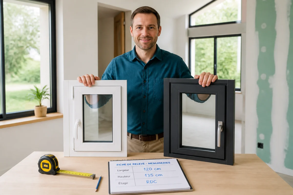 Professionnel présentant des échantillons de fenêtres Norta Schuco Fenetres, avec mètre ruban et fiche de mesures