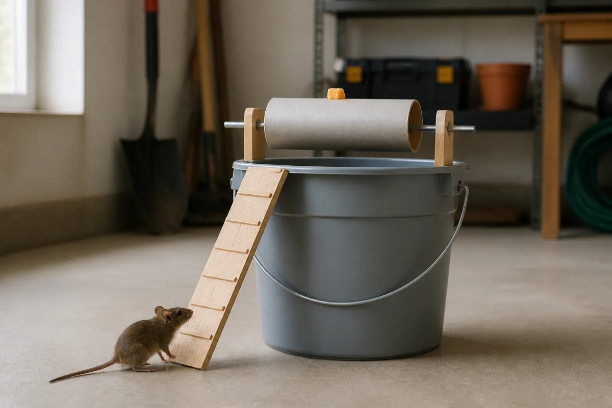 Solution pour comment attraper une souris : piège maison non létal avec seau, tube pivotant et appât.