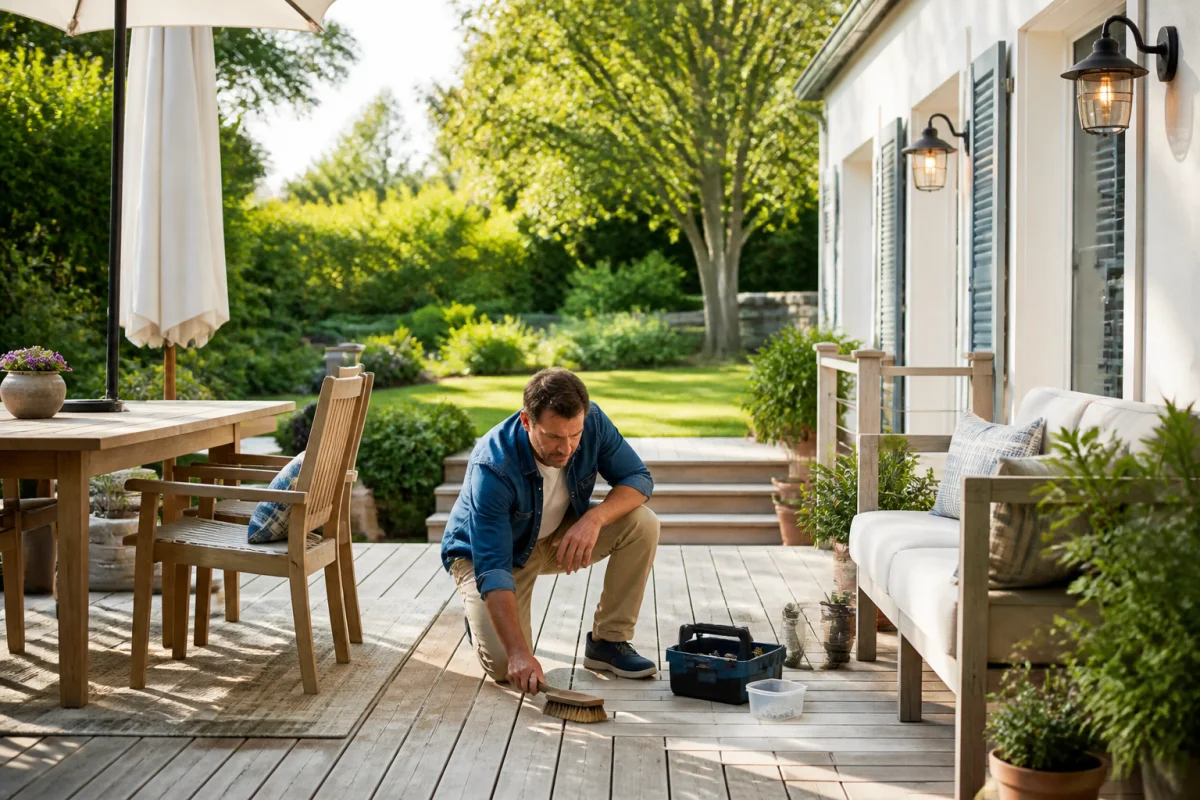 Personne préparant une terrasse extérieure avant l’été, vérifiant le bois, le mobilier et l’éclairage dans un jardin verdoyant