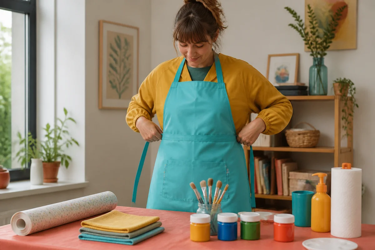 Personne enfile un tablier imperméable pour prévenir les taches sur textiles lors d’une activité créative