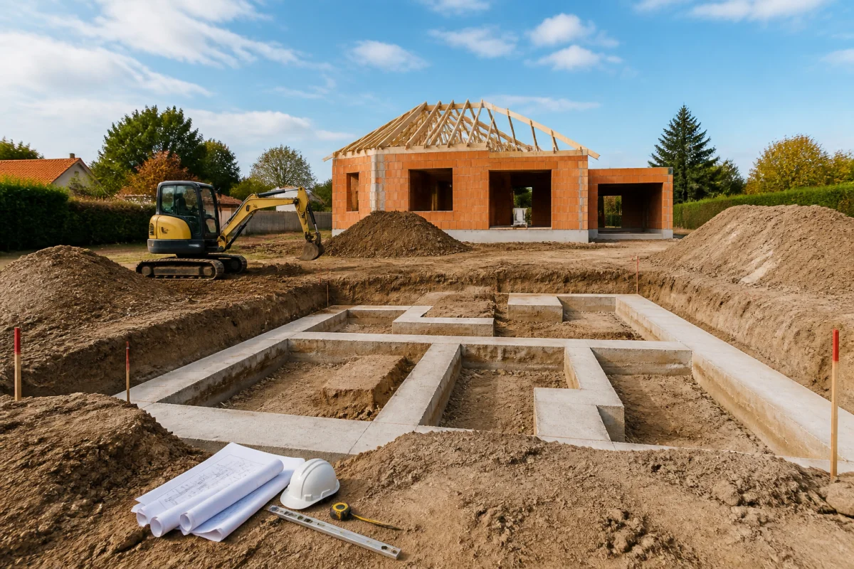 Terrassement d’une maison individuelle avec fondations creusées, mini-pelle et tas de terre sur un chantier résidentiel