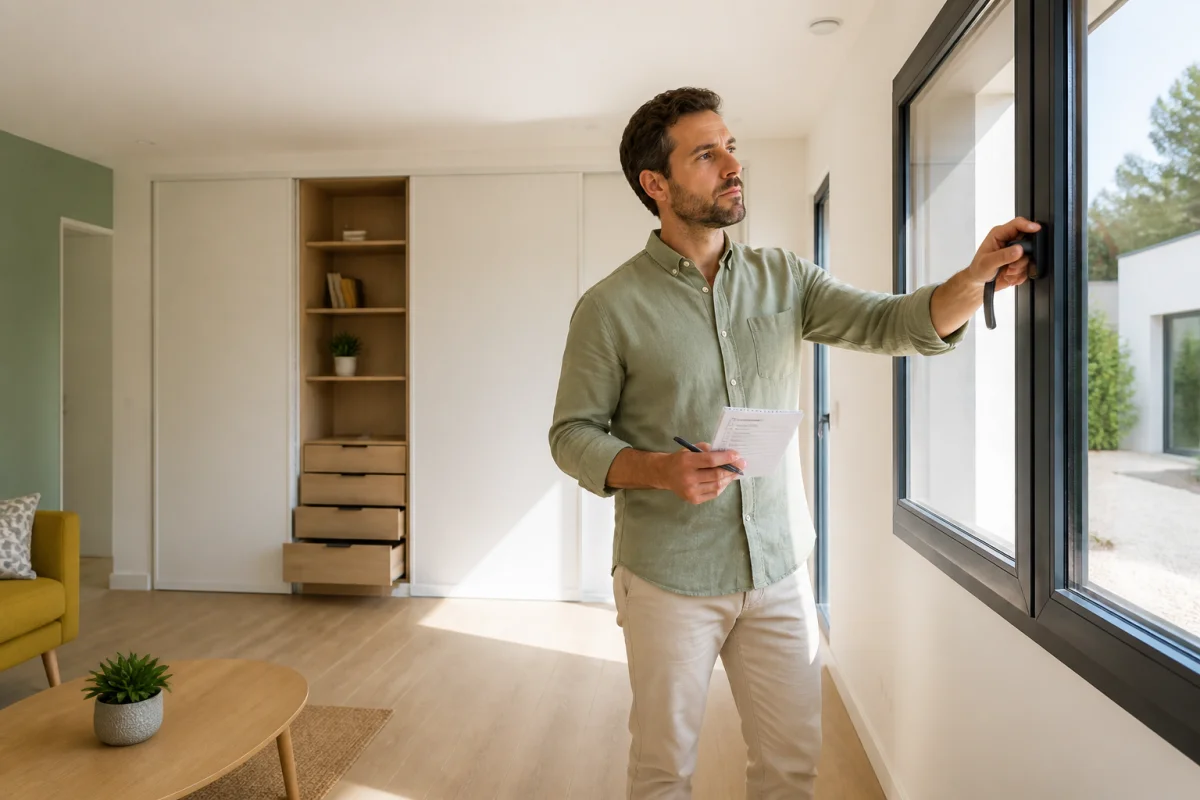 Réception de travaux maison : propriétaire vérifiant finitions, joints, peinture et fonctionnement d’une fenêtre neuve