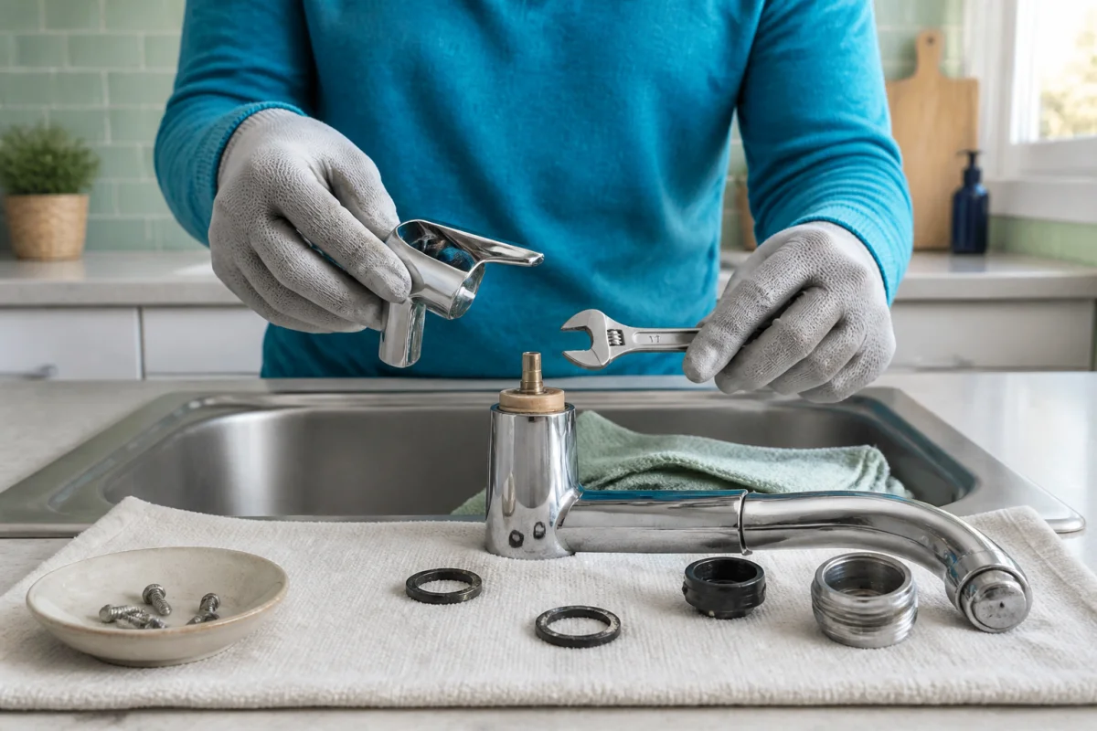 Remplacer un joint de robinet de cuisine avec une clé plate, un chiffon et un joint usagé visibles sur l’évier