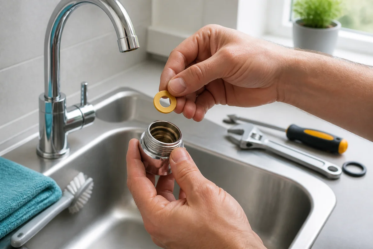 Mains nettoyant un robinet démonté et positionnant un joint neuf pour remplacer un joint de robinet sans fuite