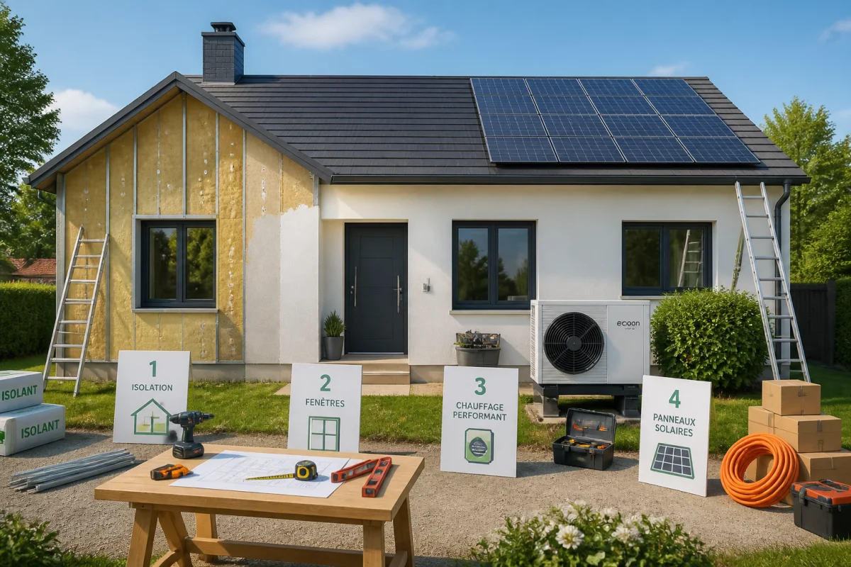 Maison en rénovation énergétique avec isolation, fenêtres neuves, pompe à chaleur et panneaux solaires visibles.