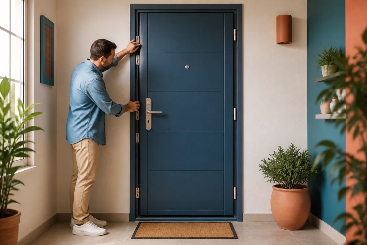 Porte d’entrée renforcée avec serrure multipoints, cadre sécurisé et personne vérifiant les points de fermeture