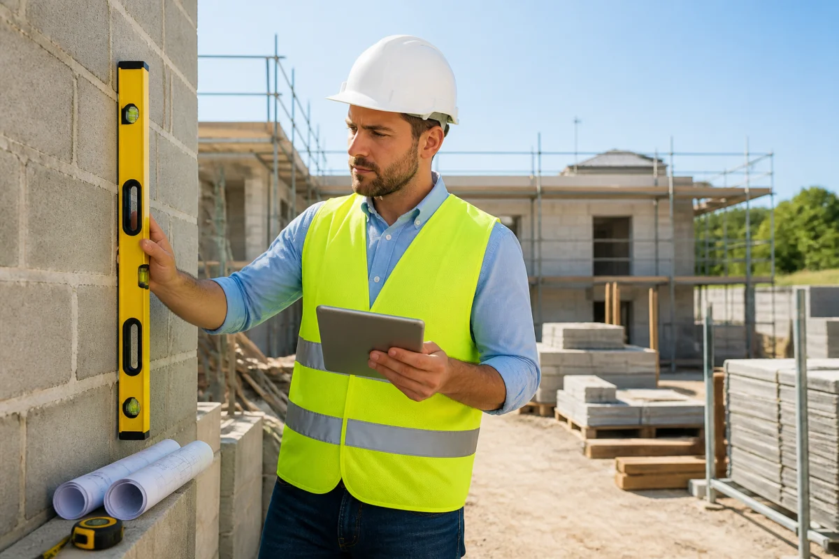 Conducteur de travaux contrôlant un mur en construction avec niveau et tablette lors du suivi de chantier bâtiment
