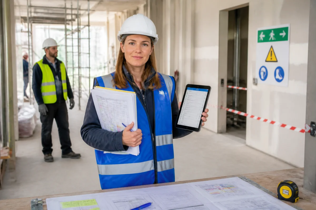 Conductrice de travaux organisant le suivi de chantier bâtiment avec plans annotés et tablette sur site en construction