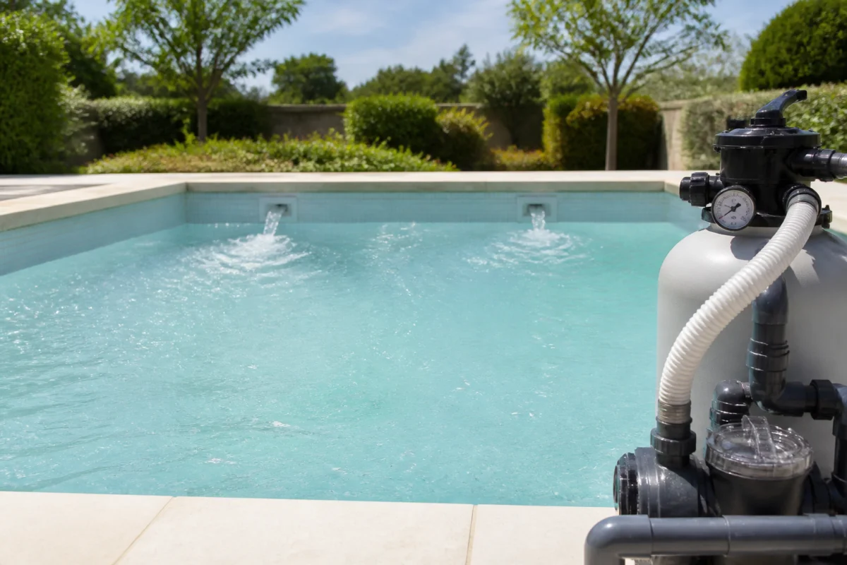 Piscine après traitement d’une eau verte, avec eau blanchâtre, filtration active et particules en suspension visibles