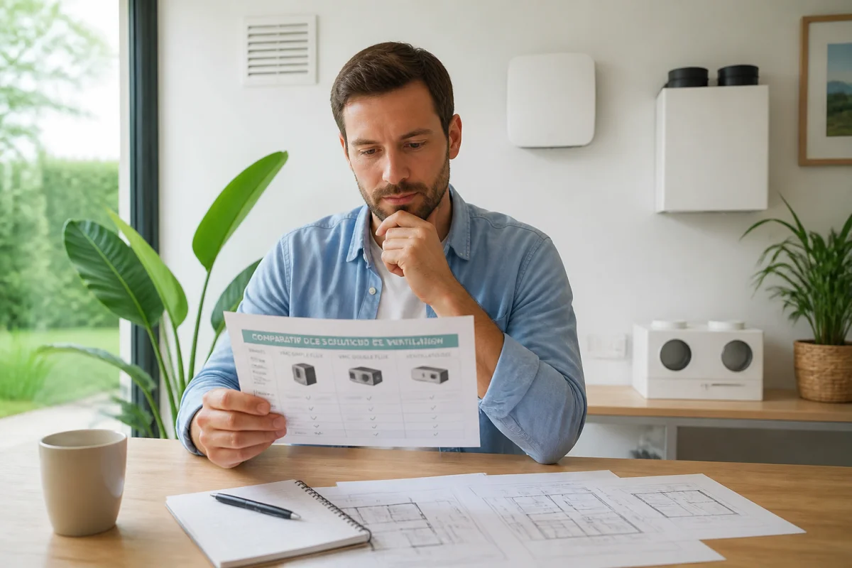 Propriétaire comparant des solutions de ventilation de la maison, avec plans du logement et appareil mural moderne en arrière-plan