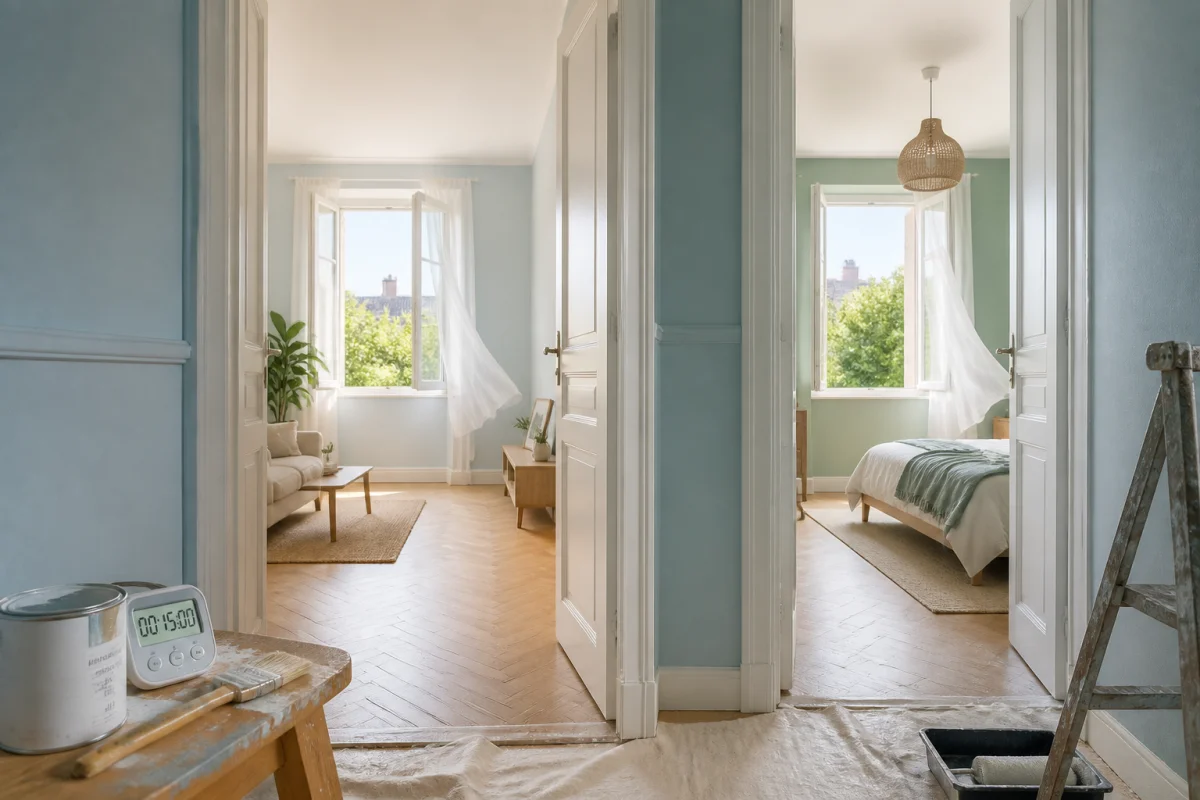 Ventiler un logement après travaux grâce à deux fenêtres ouvertes et aux portes intérieures favorisant la circulation de l’air