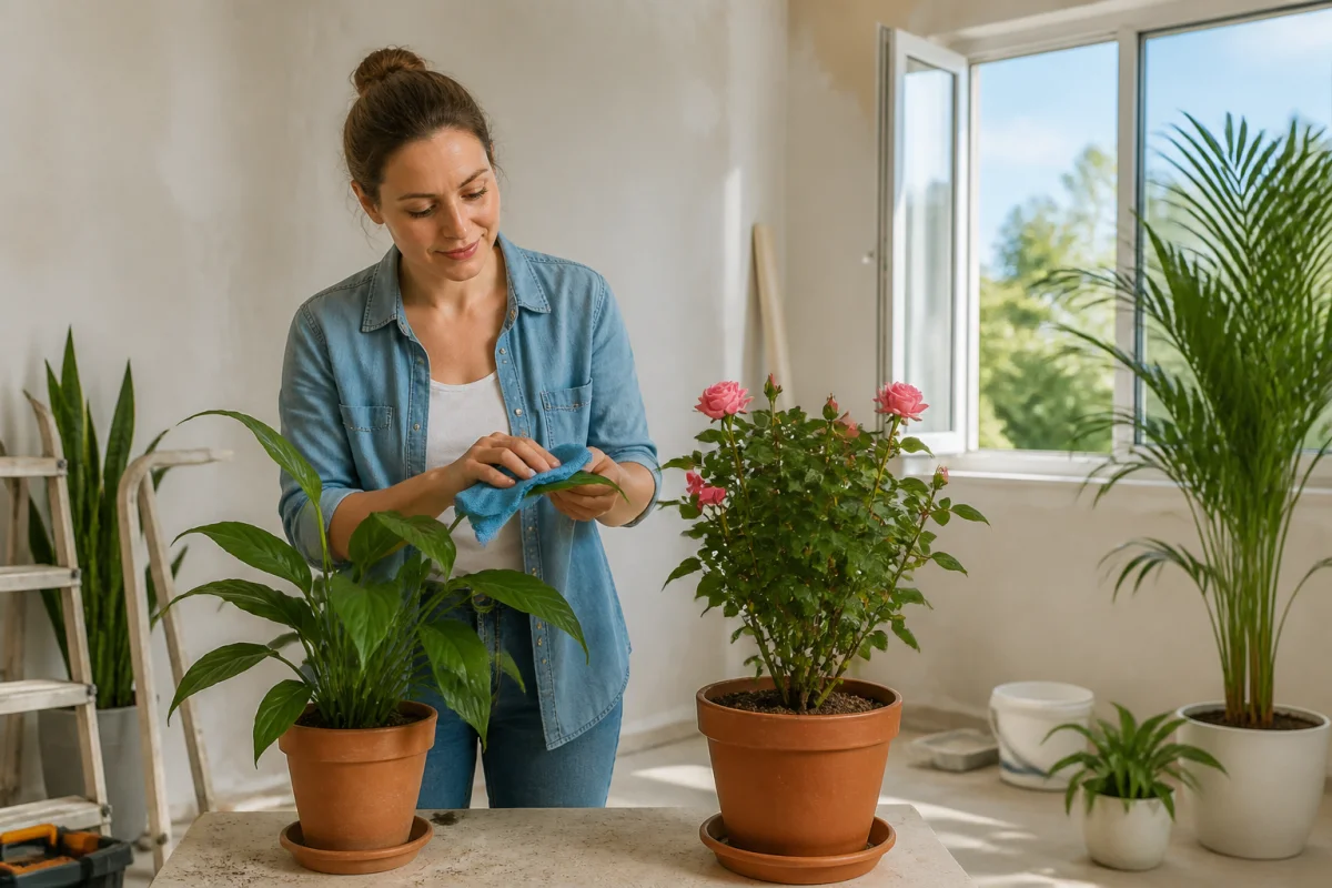 Ventiler un logement après travaux : une personne dépoussière des plantes près d’une fenêtre ouverte.